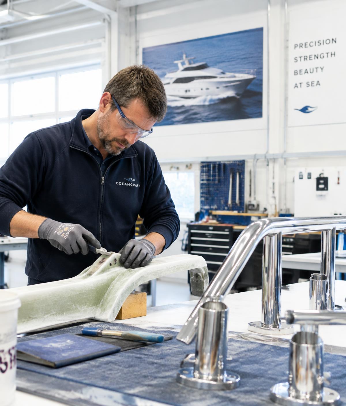 Craftsman shaping polyester and stainless steel yacht components