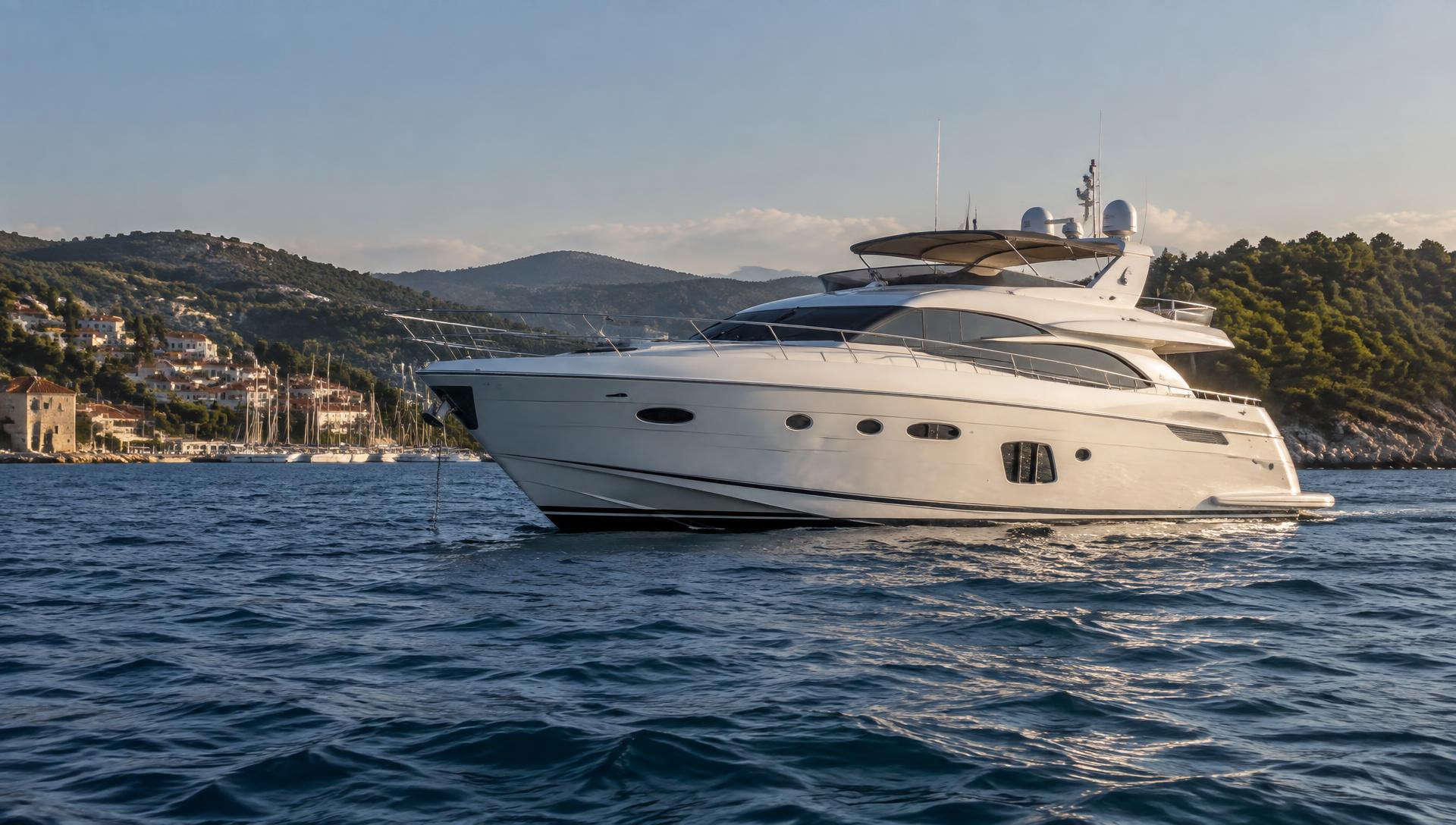 Premium motor yacht on deep blue Aegean water near the Halkidiki coastline