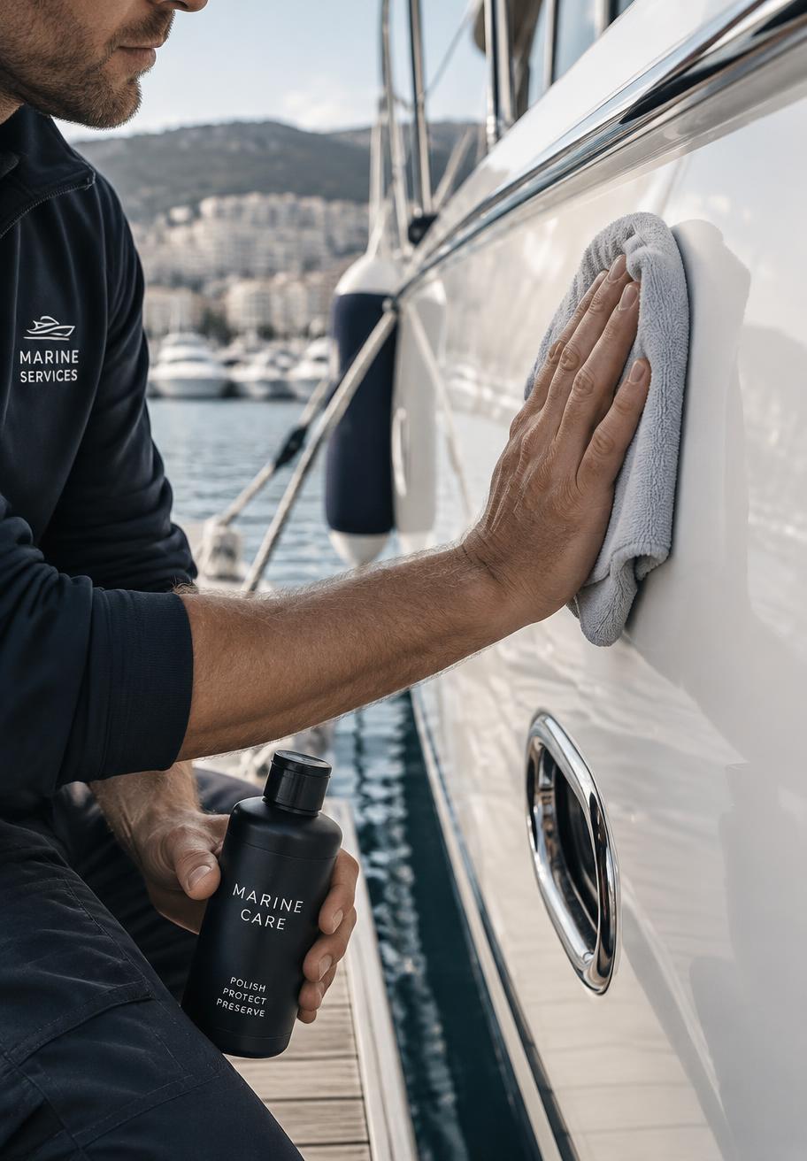 Technician polishing the hull of a yacht at a Greek marina