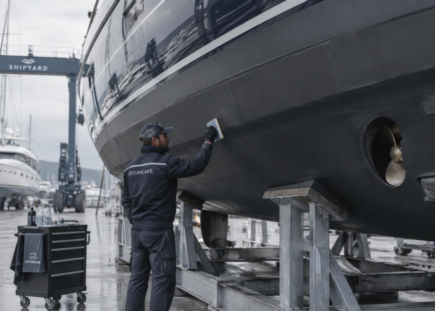 Professional yacht hull maintenance at a Mediterranean boatyard
