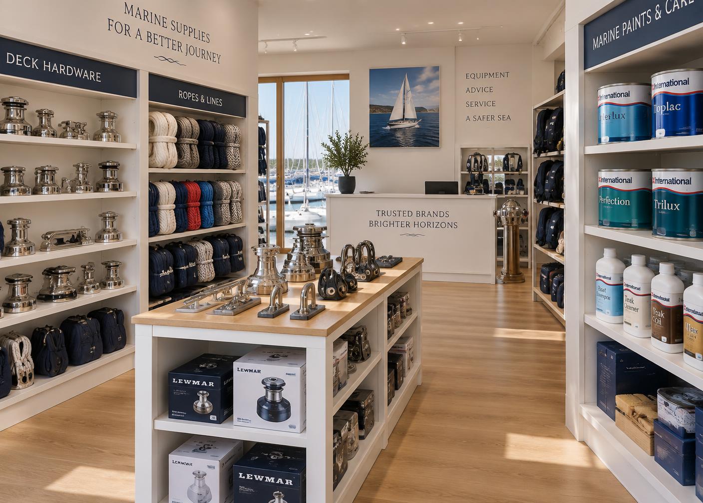 Yachting Solutions marine shop interior with yacht hardware and marine paints