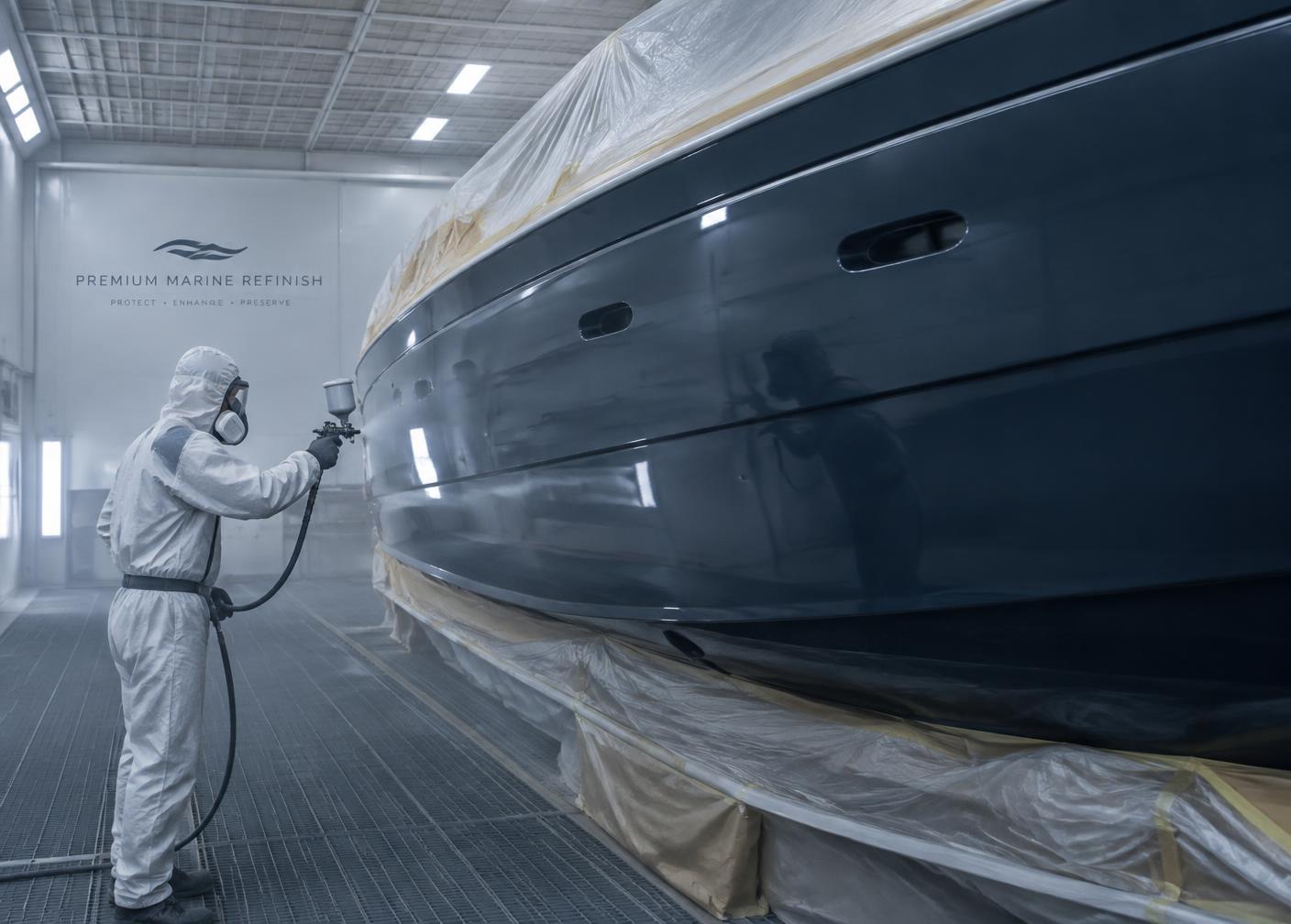 Yacht hull receiving professional paint work in a clean refinishing bay